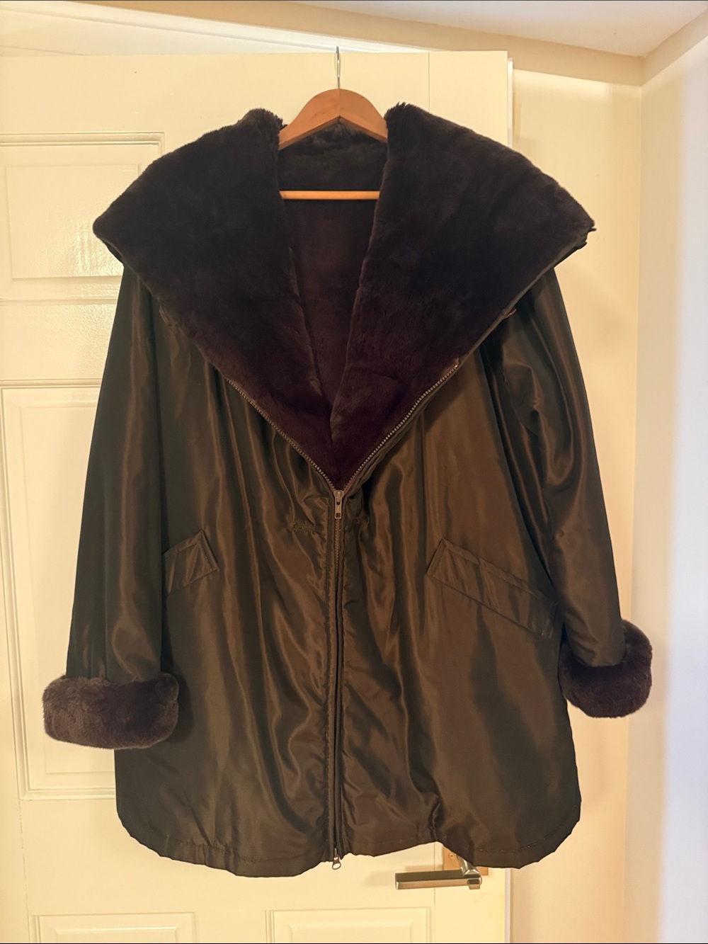 Women’s Dark Brown Faux-Fur Trim Pea Coat